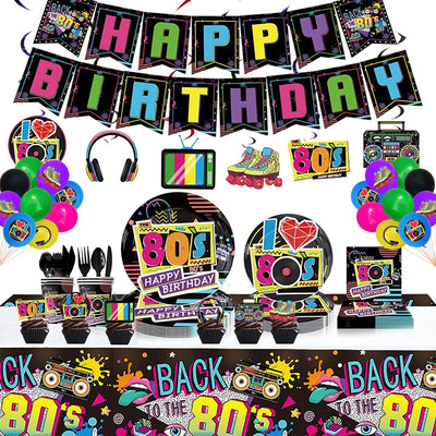 Kit décoration anniversaire années 80 disco avec nappe, bannière, topper et ballons