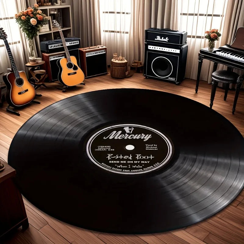 tapis rond noir disque vinyle moderne mousse mémoire forme imperméable résistant extérieur salon chambre