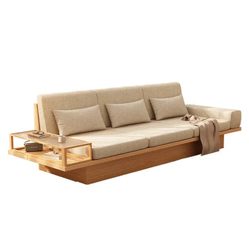 canapé lit moderne beige clair tissu uni coussins table basse amovible multi taille bois