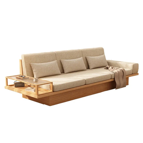 canapé lit moderne beige clair tissu uni coussins table basse amovible multi taille bois