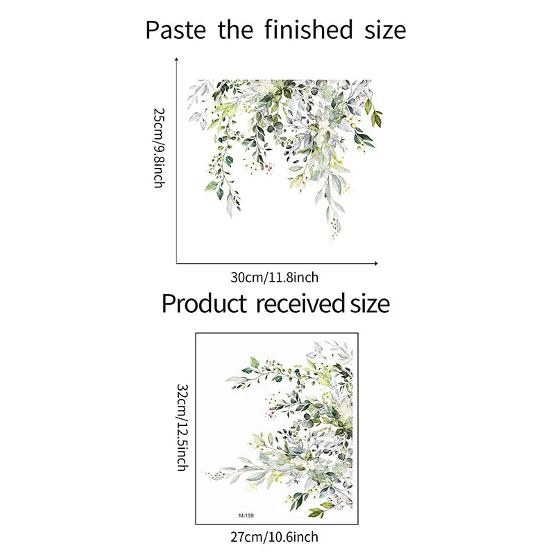 autocollant floral décoration salle bain toilettes feuilles fleurs branches aquarelle vert blanc jaune gris