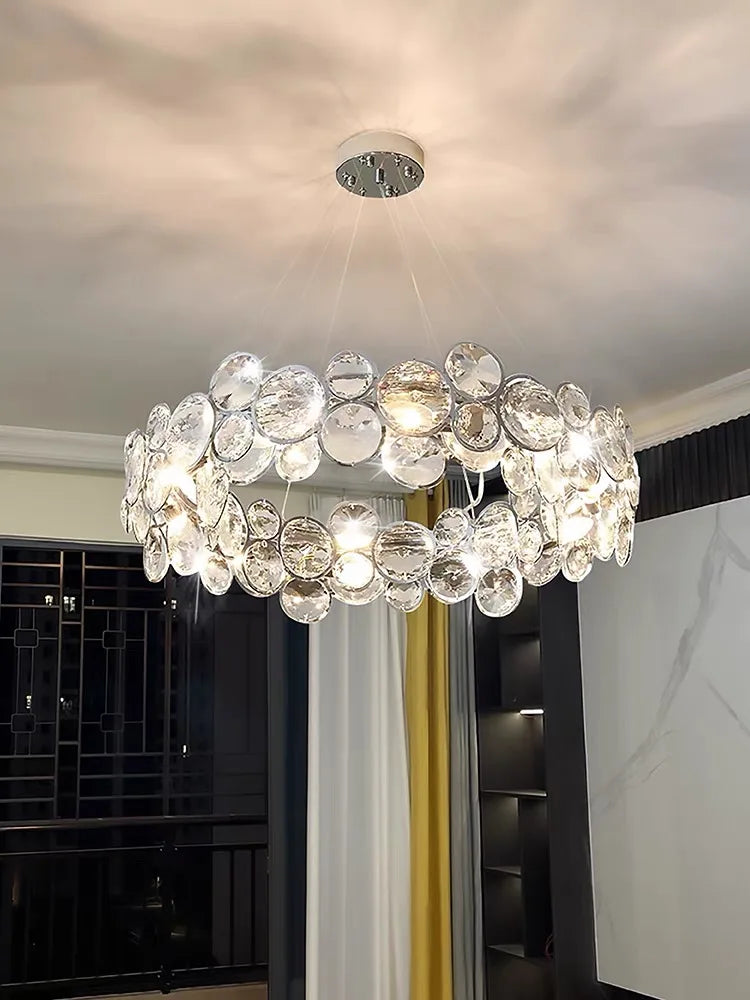 lustre moderne transparent argenté facettes salon chambre élégant pendentif toucher interrupteur