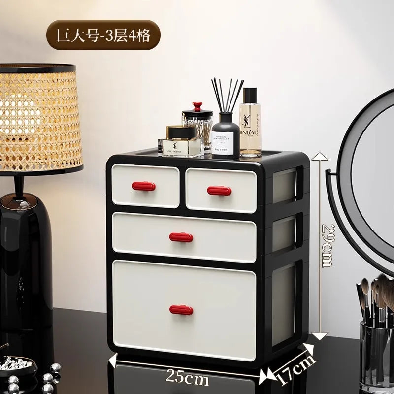 boîte maquillage moderne boîtes rangement noires blanches rouges poignées motifs géométriques
