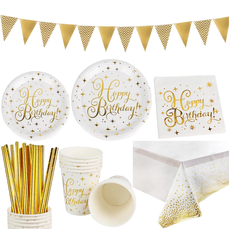 vaisselle jetable fête anniversaire étoiles dorées assiettes gobelets serviettes nappe