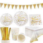 vaisselle jetable fête anniversaire étoiles dorées assiettes gobelets serviettes nappe