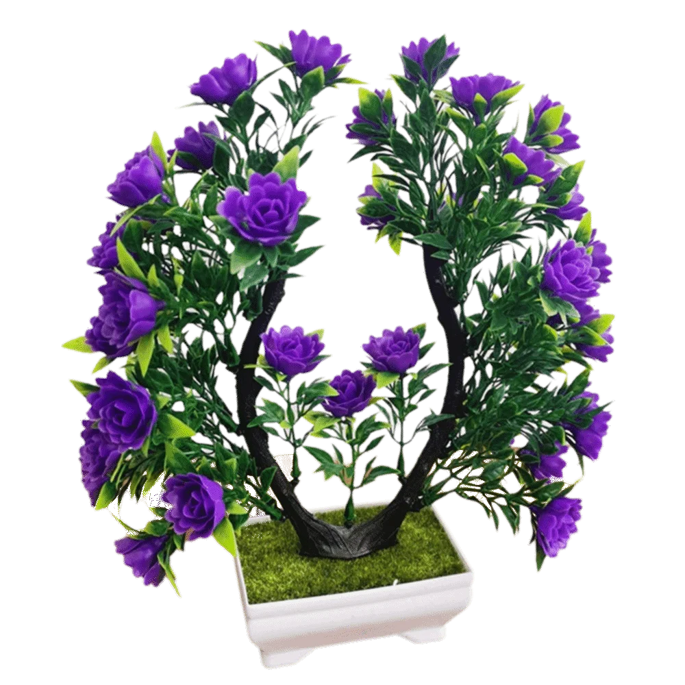 plantes artificielles bonsaï violet rose blanc jaune rouge pot carré mousse verte décoration intérieure