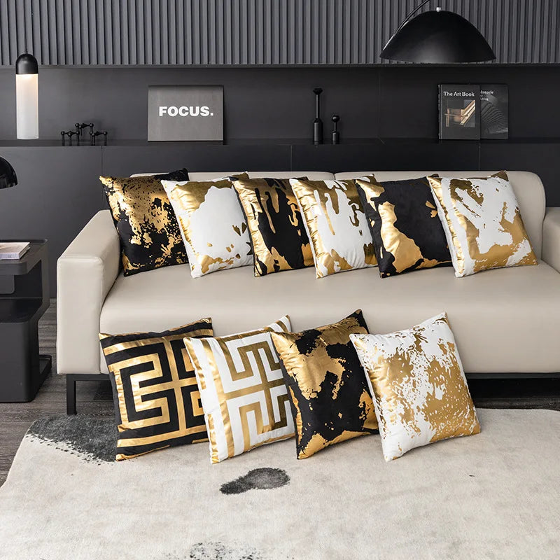 coussins décoratifs contemporains blanc doré motif abstrait non toxique respectueux environnement polyester opacité fixés