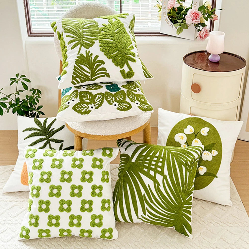 coussin carré 45x45 cm brodé feuille verte moderne décoration printanière