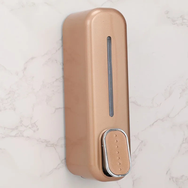 distributeur savon liquide mural blanc doré moderne adhésif bouton déclenchement fenêtre remplissage minimaliste