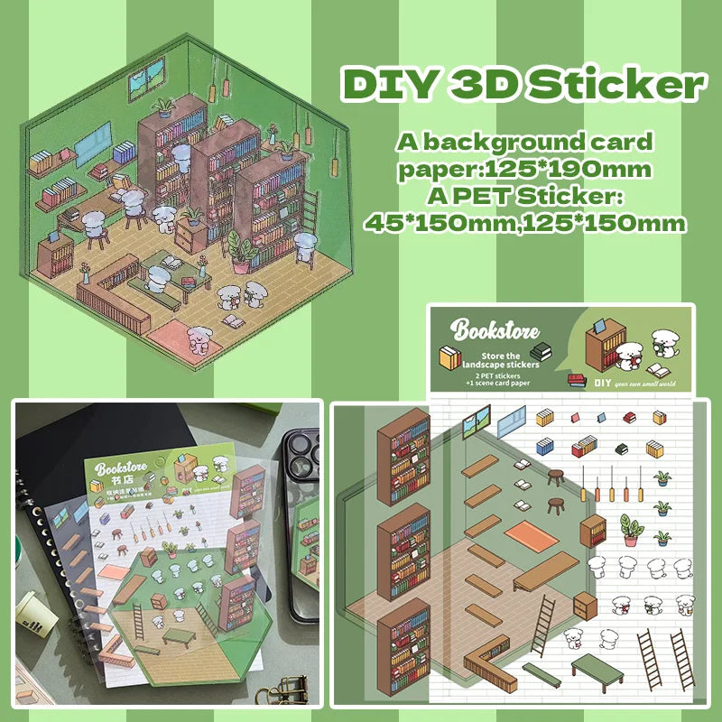 sticker 3d diy illustration cartoon scènes intérieures meubles personnages bibliothèque restaurant pharma opacité variée