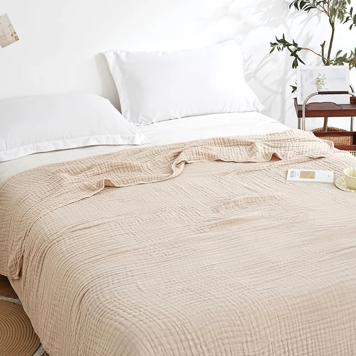 couverture coton pur plissée beige clair grande couverture lit douce maison