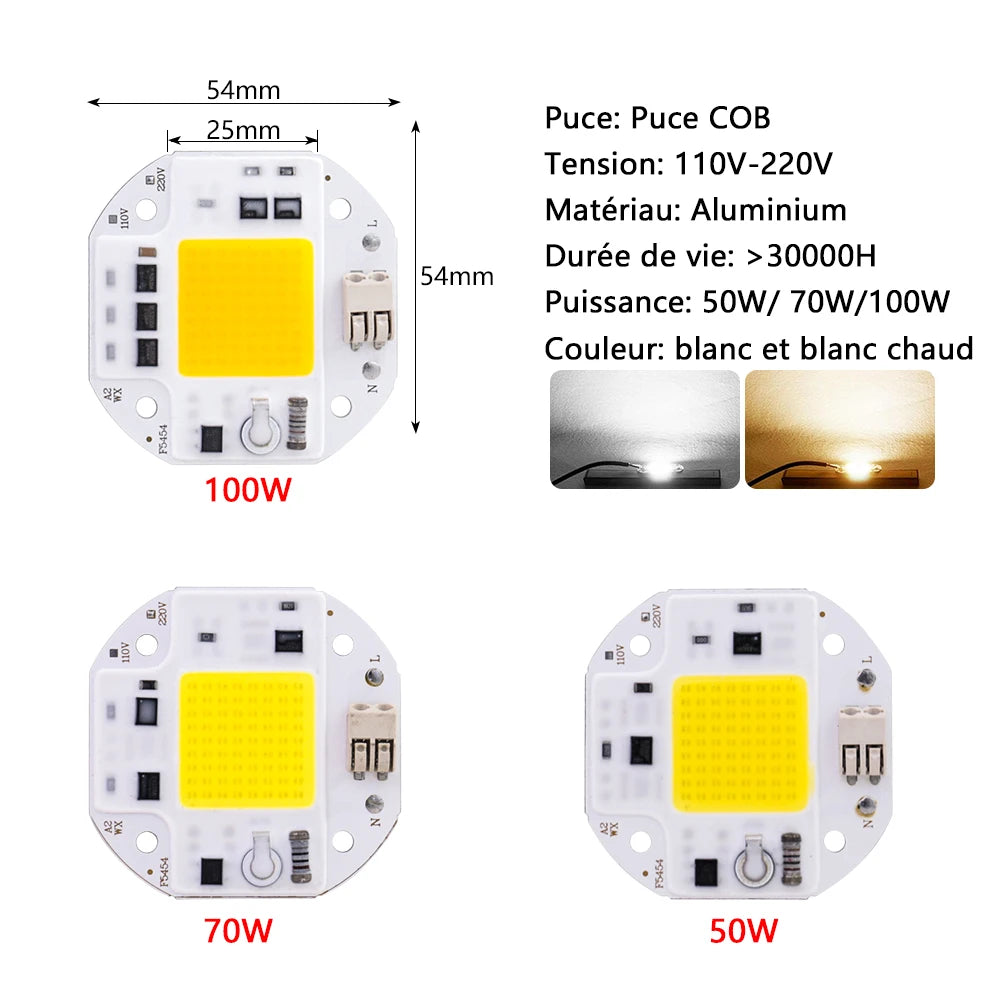 puce led cob 50w 70w 100w blanc chaud lumière froide croissance moderne aluminium