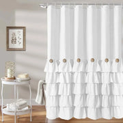 rideau douche plissé blanc noir gris rustique volants boutons bois