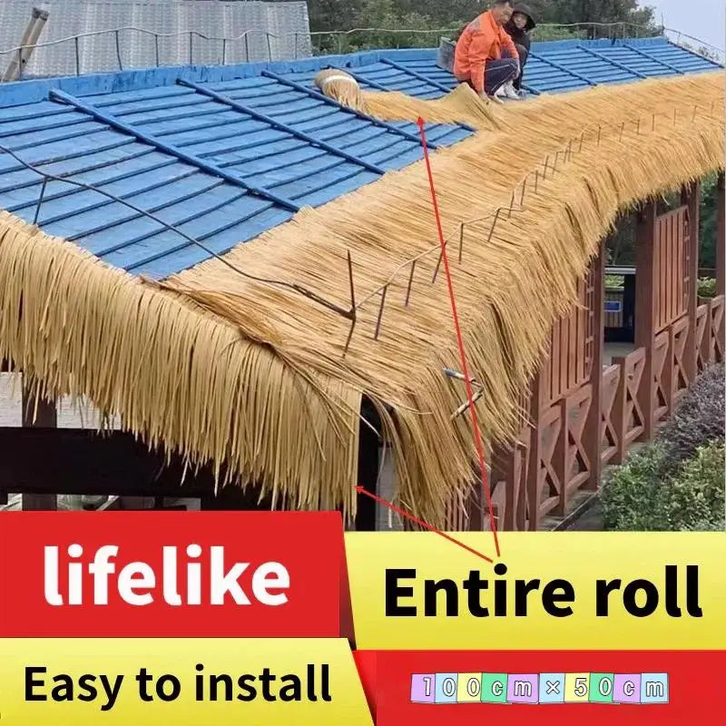 toiture imitation chaume decoration exterieur rustique tropical herbe artificielle patio balcon restaurant aménagement paysager