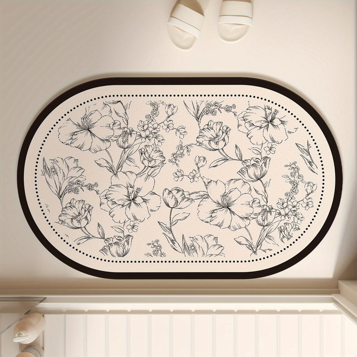 tapis bain absorbant rapide séchage floral motif nuage ovale caoutchouc beige noir