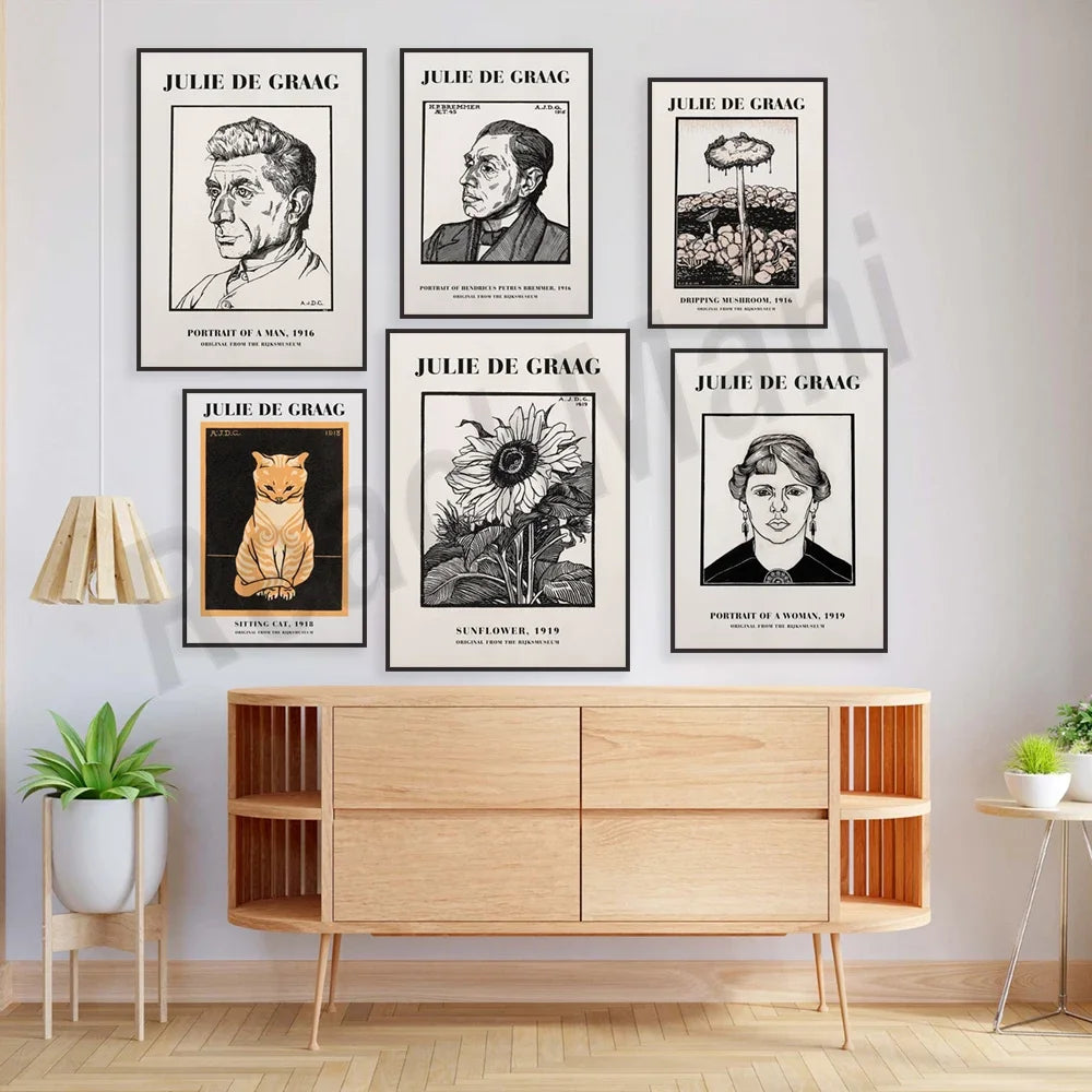 Une série d'œuvres d'art de l'artiste Julie de Graag, présentant ses portraits, natures mortes et illustrations.