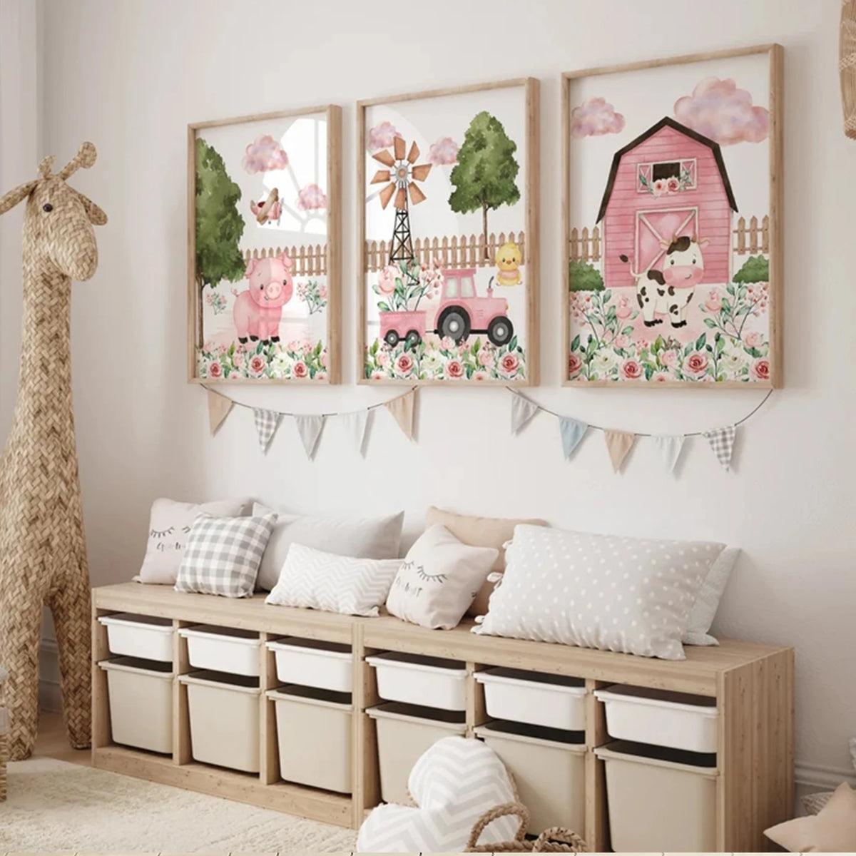 affiches illustratives animales deco murale chambre enfants rose verte blanc