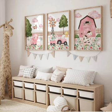 affiches illustratives animales deco murale chambre enfants rose verte blanc