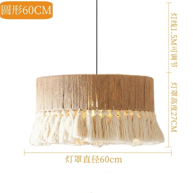 suspension lumineuse boho tissu tressé franges beige blanc rustique