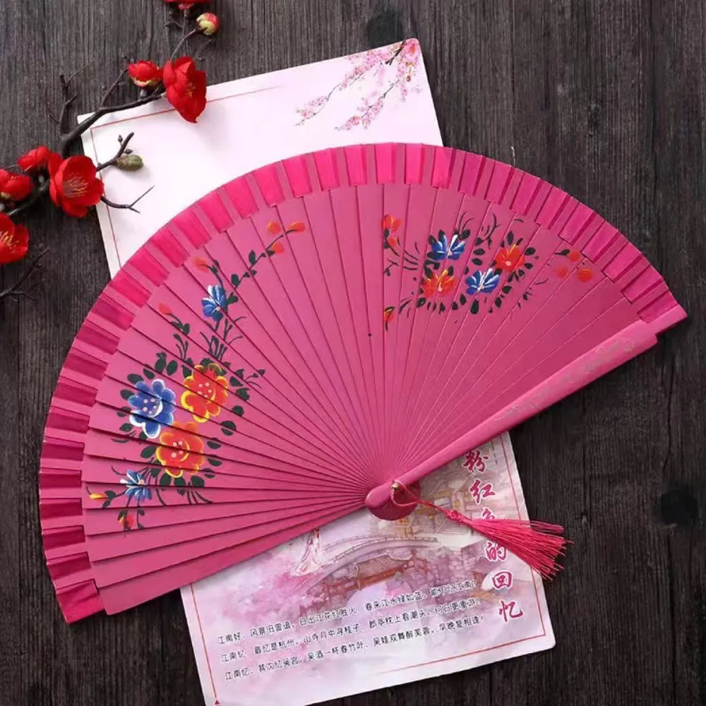 éventail pliant bois ajouré double face fleurs colorées ruban pompon rouge rose bleu vert