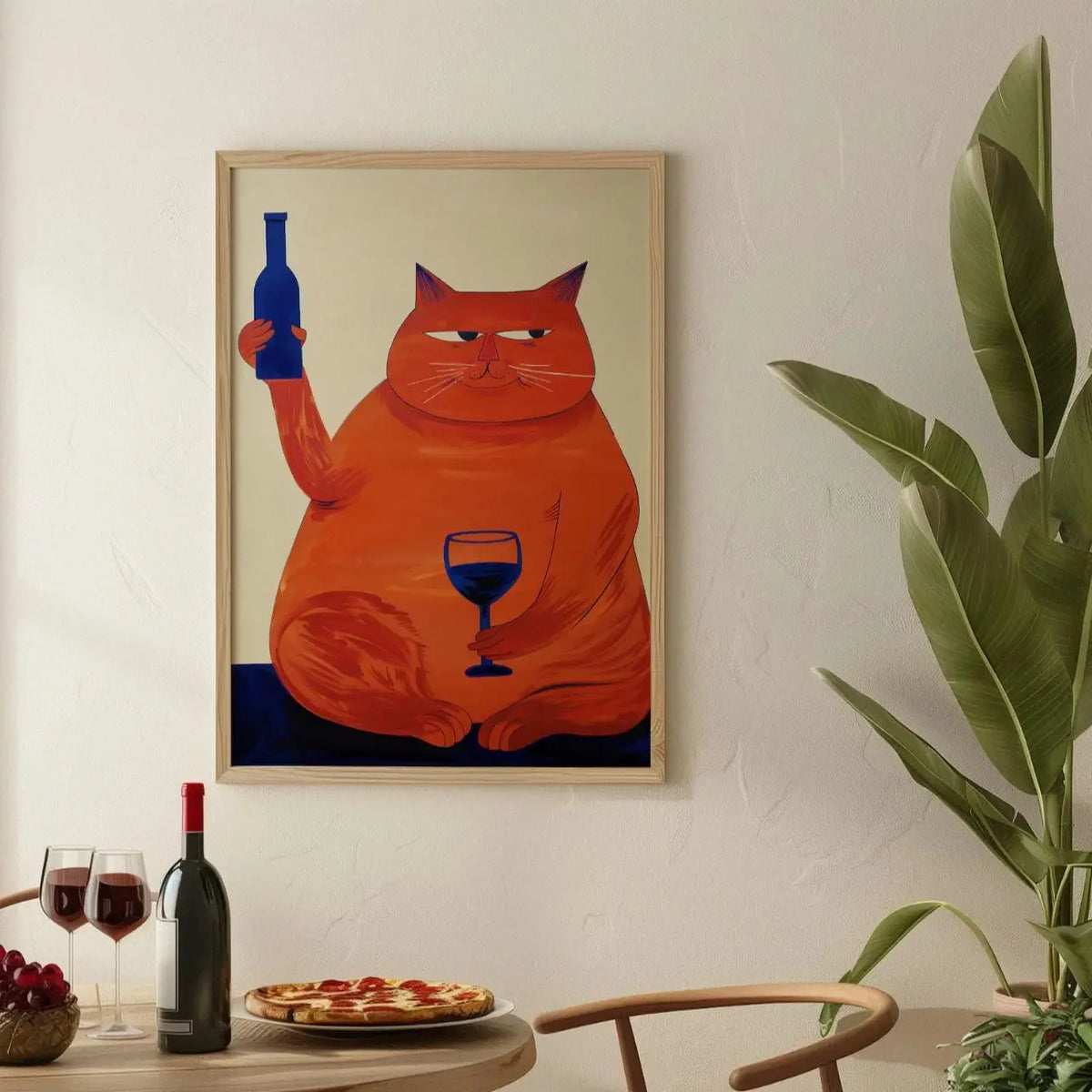 affiche murale illustration chat vin couleur or bleu noire blanche moderne