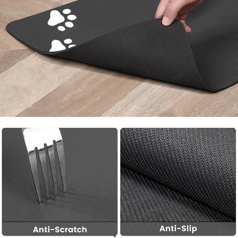 tapis nourriture animal gris imprimé pattes blanches moderne anti scratch rapide séchage super absorbant