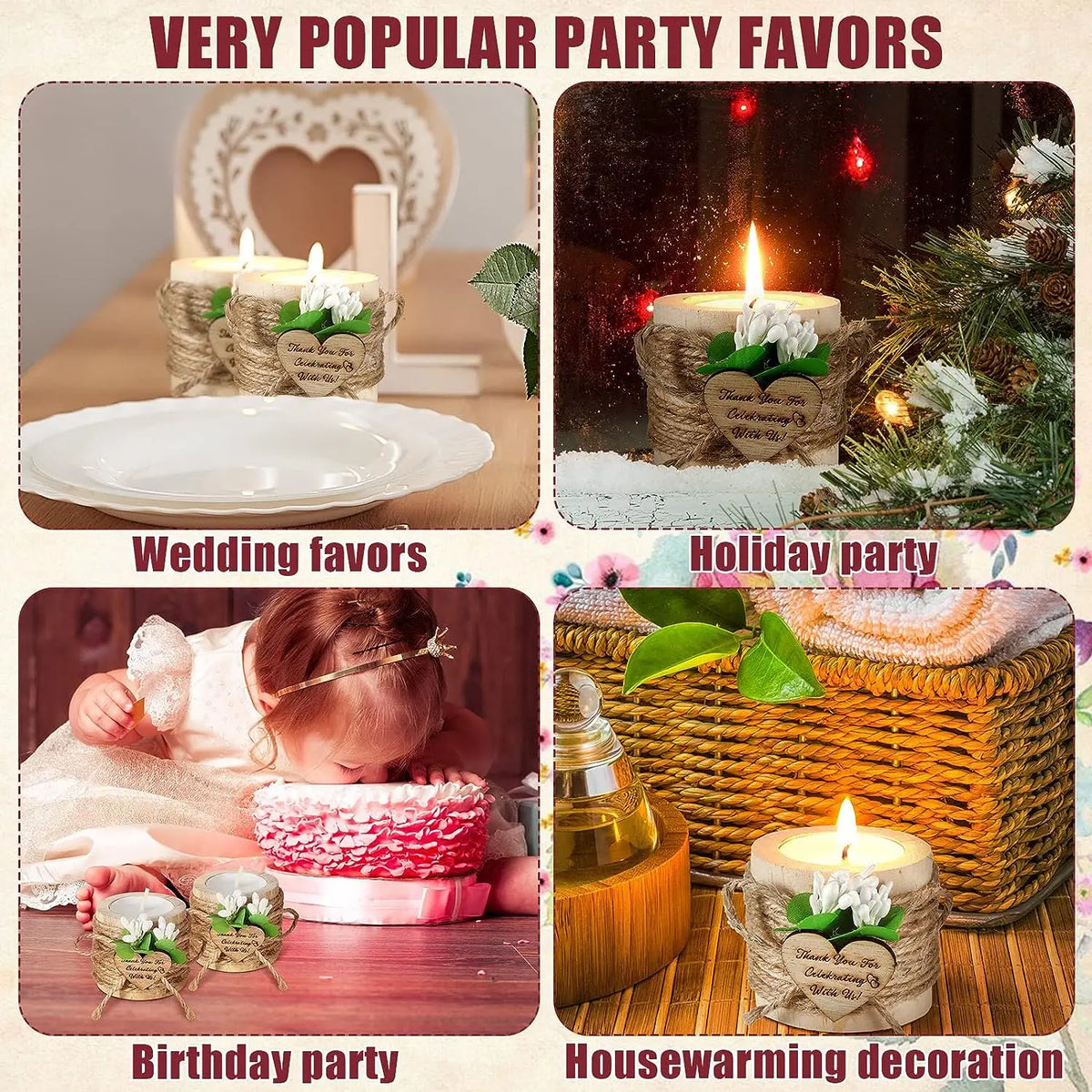 bougies poser blanc motif papier kraft fleurs blanches étiquette cœur rustique mariage remerciement 12