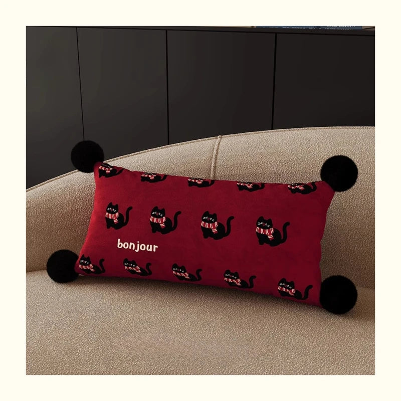 coussin housse chat noir foulard imprimé polyster rectangle décoration cartoon
