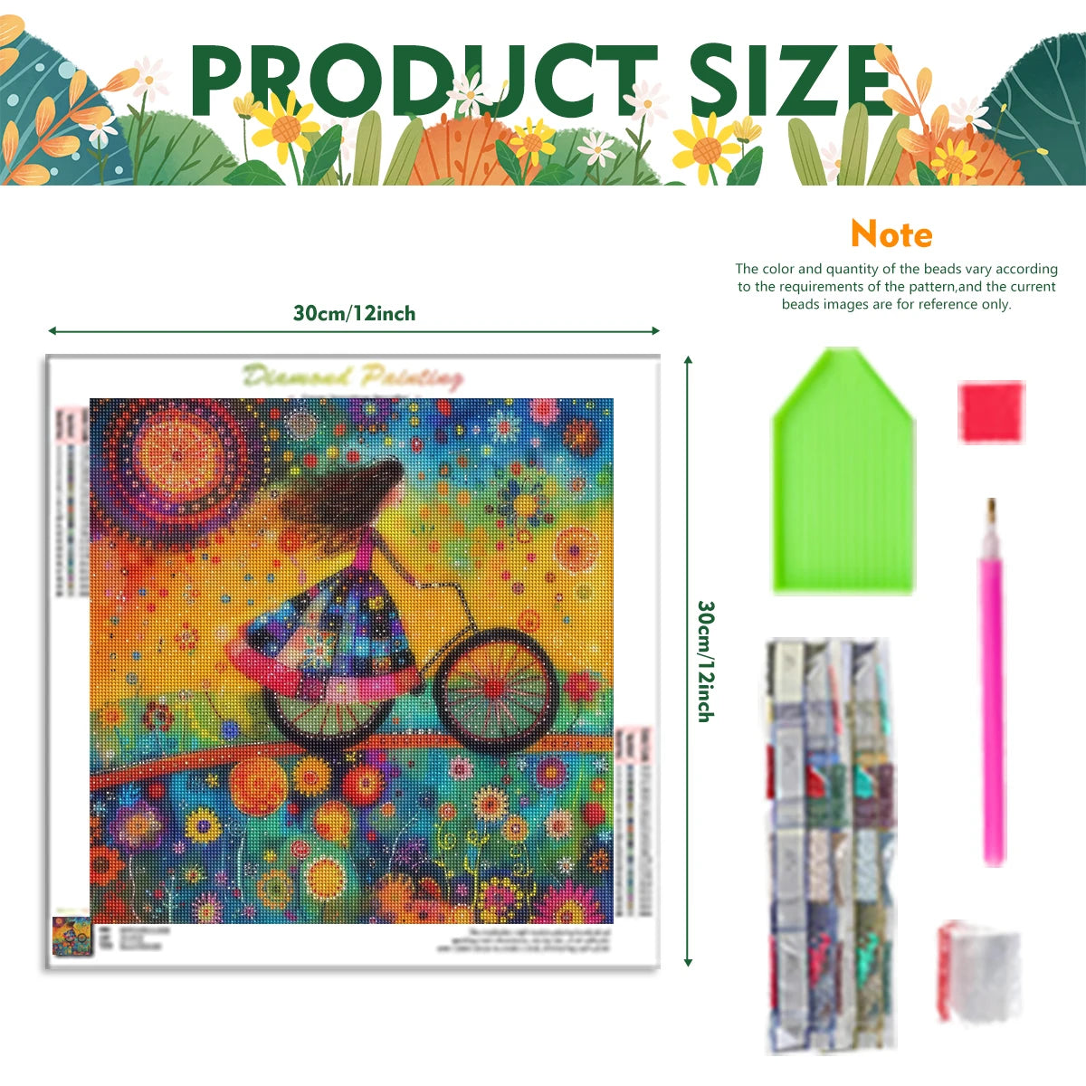 tableau diamant peinture moderne femme vélo motifs floraux multicolore 30x30cm outils diamants