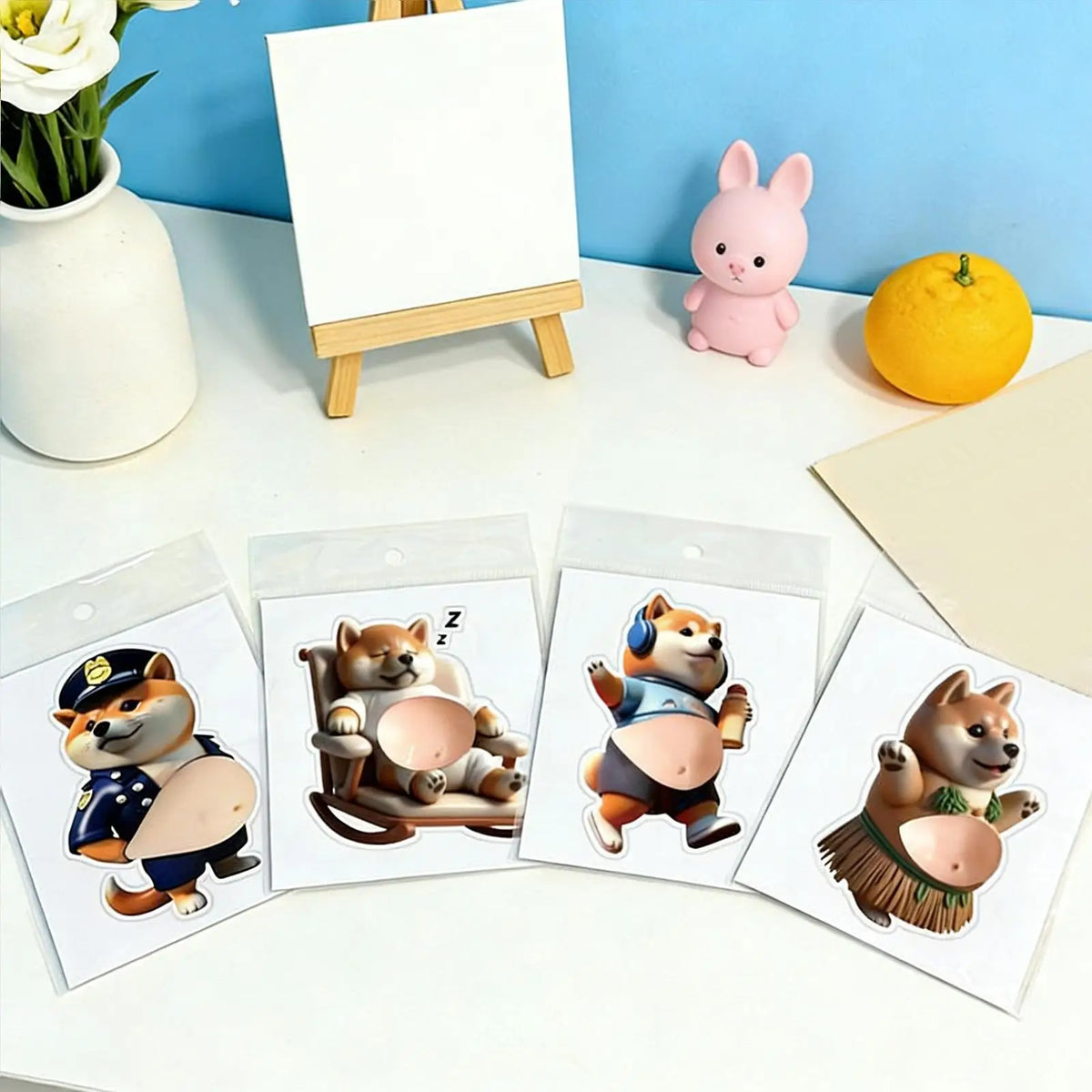 autocollants 3d chien shiba inu cartoon adhésifs décoration maison téléphone portable beige bleu marine