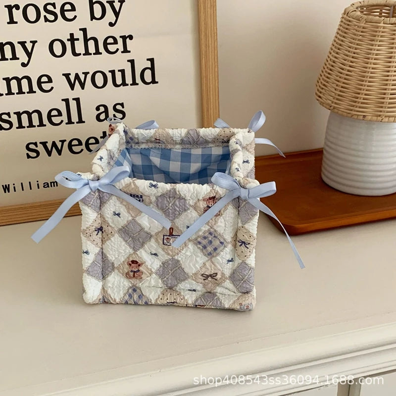 paniers rangement réutilisables coton blanc rose violet rouge carreaux lapins fruits vintage doux