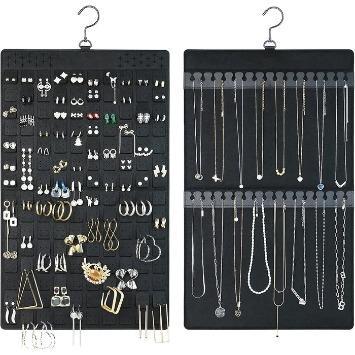 porte bijoux noir moderne grille perforations suspendu crochets organiser boucles d'oreilles colliers