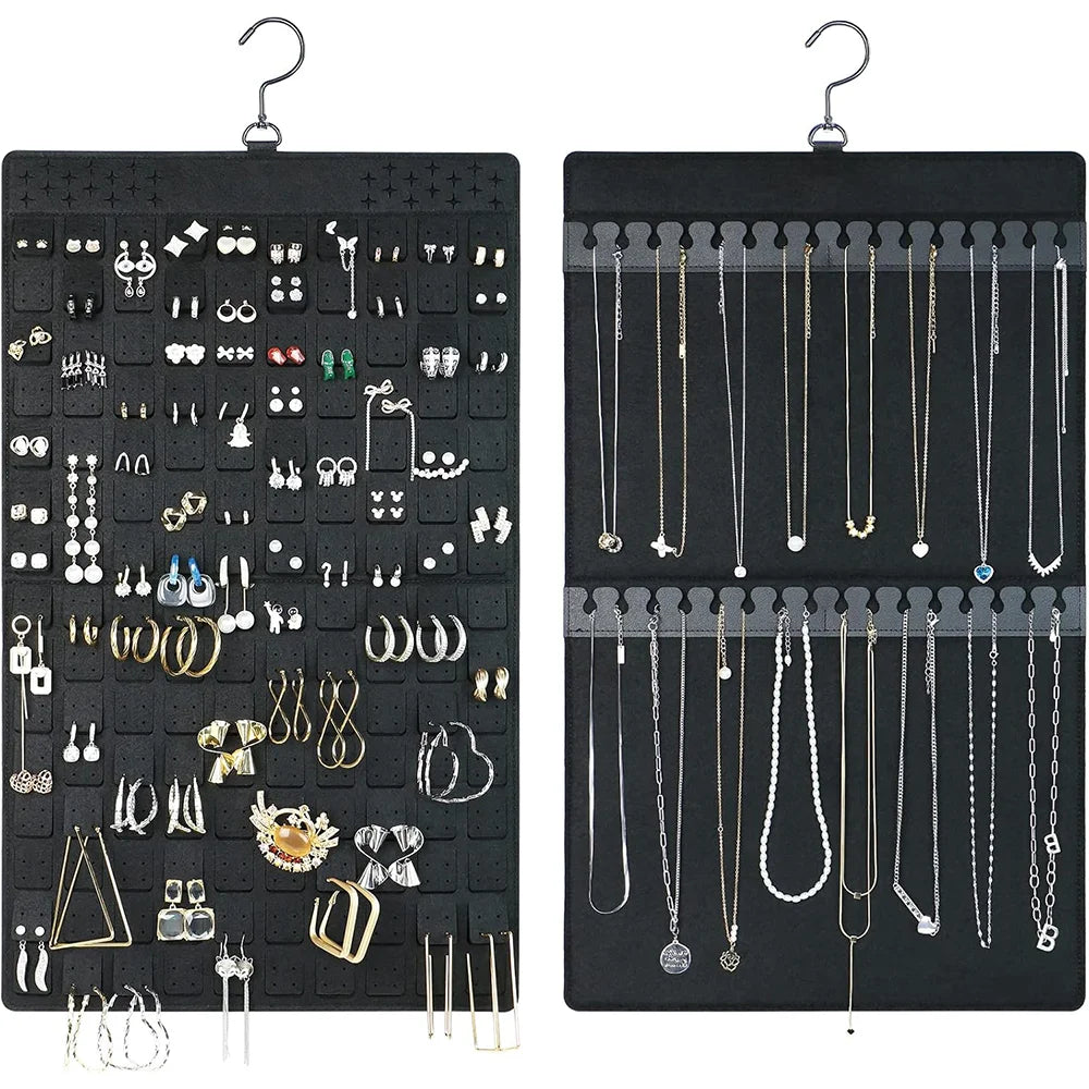 porte bijoux noir moderne grille perforations suspendu crochets organiser boucles d'oreilles colliers