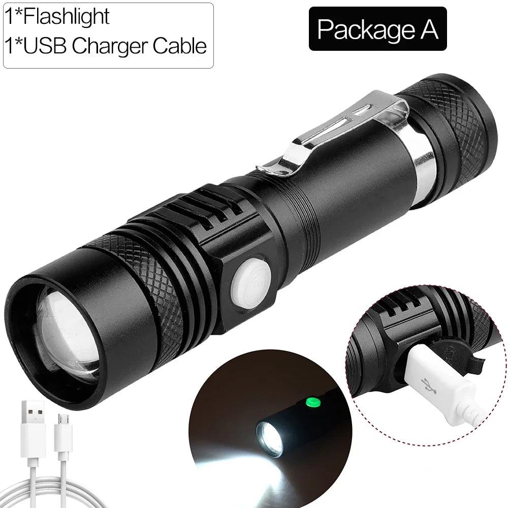 lampe torche led rechargeable usb 12000 lumens clip poche moderne robuste camping