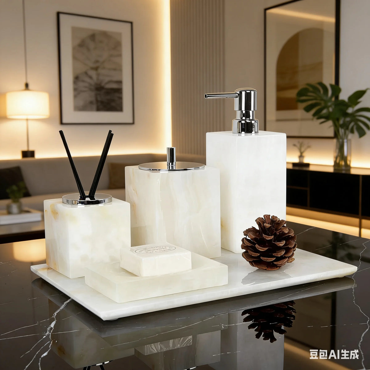 ensemble salle bain marbre blanc distributeur savon diffuseur huiles essentielles boîte mouchoirs moderne