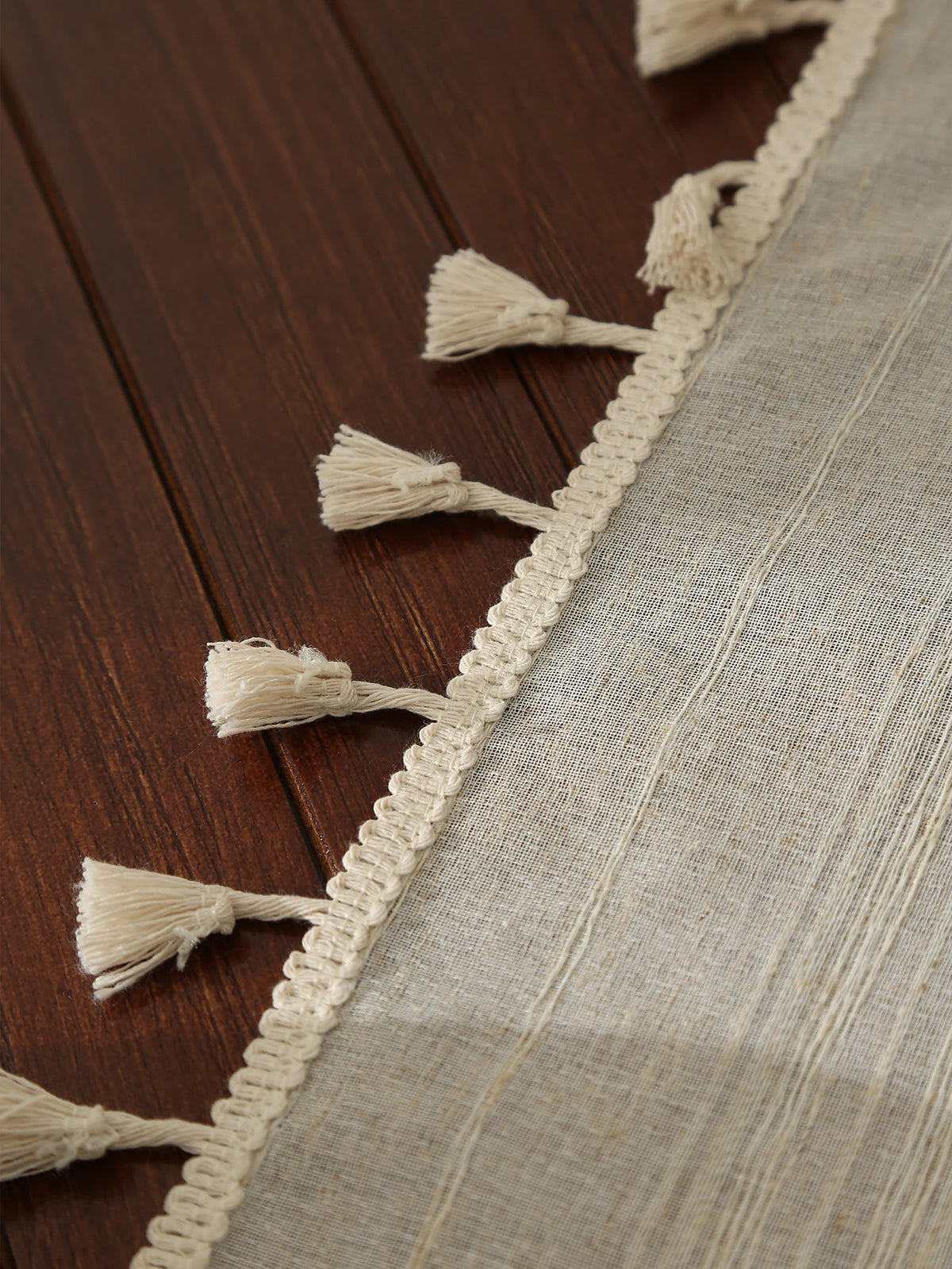 nappe table rectangulaire tissage apparent franges pompons rustique bohème printemps été automne hiver