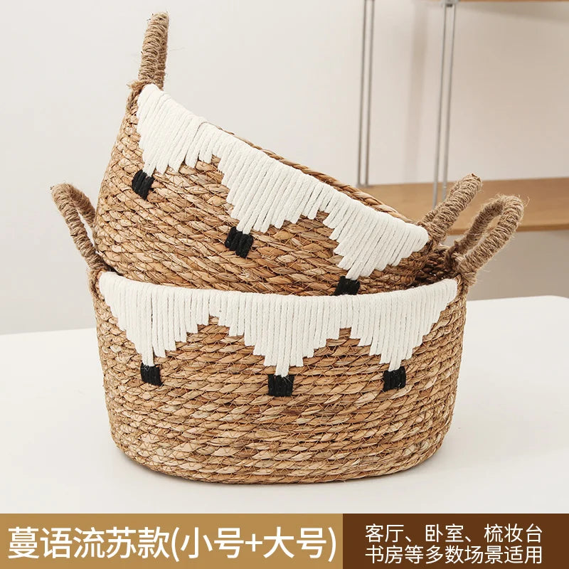 panier tissé rotin naturel blanc noir franges motifs ethniques boho respectueux environnement