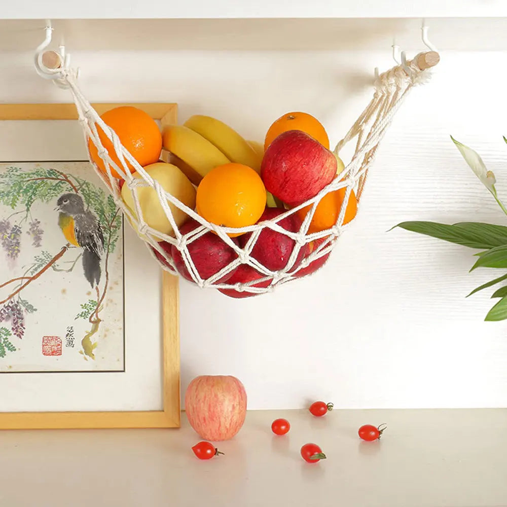 corbeille fruits tissage coton blanc rustique bohème crochet suspension cuisine organisation écologique