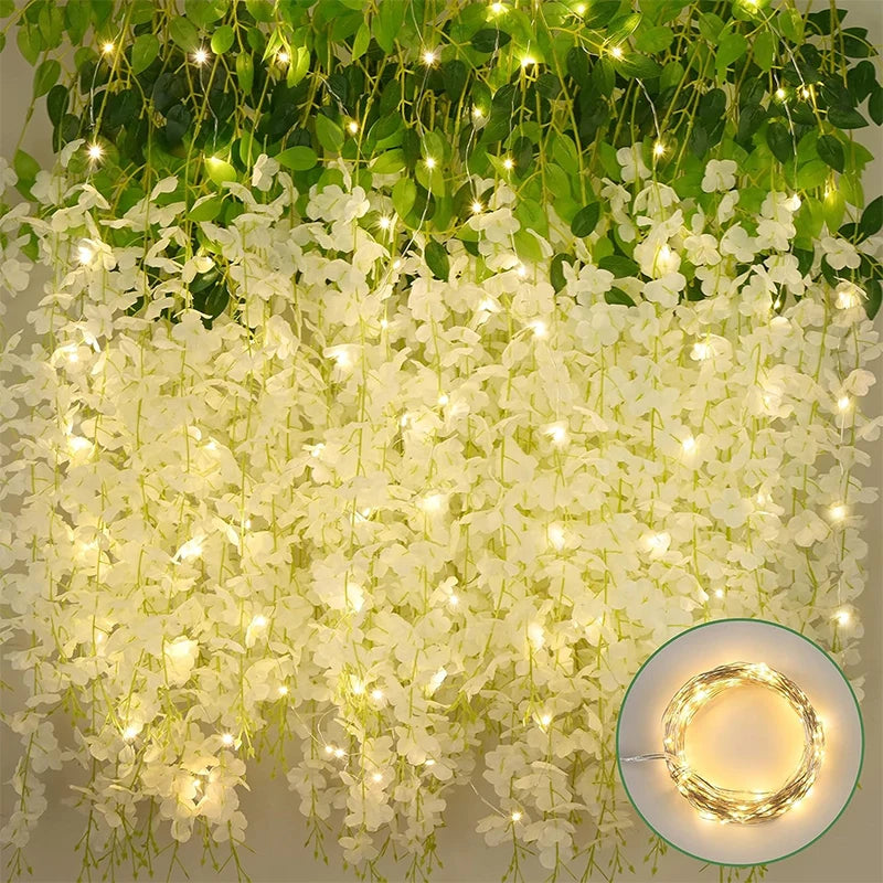 guirlande glycine lumineuse fleurs artificielles blanc vert décorative romantiqueintérieur decoration 36ft 90fleurs