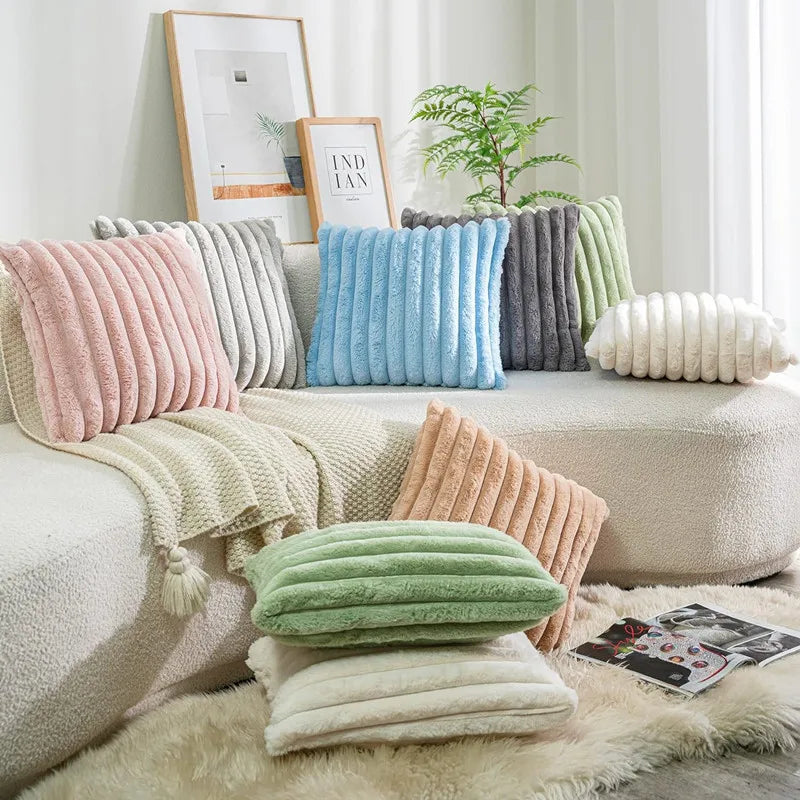 coussins décoratifs carrés rayés peluche douce moderne gris blanc cassé 45x45cm