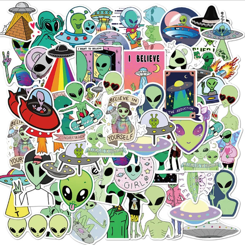 sticker alien ufo illustration cartoon adhésif multicolore vert blanc noir rose bleu rouge jaune
