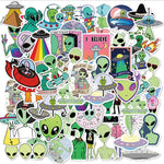sticker alien ufo illustration cartoon adhésif multicolore vert blanc noir rose bleu rouge jaune