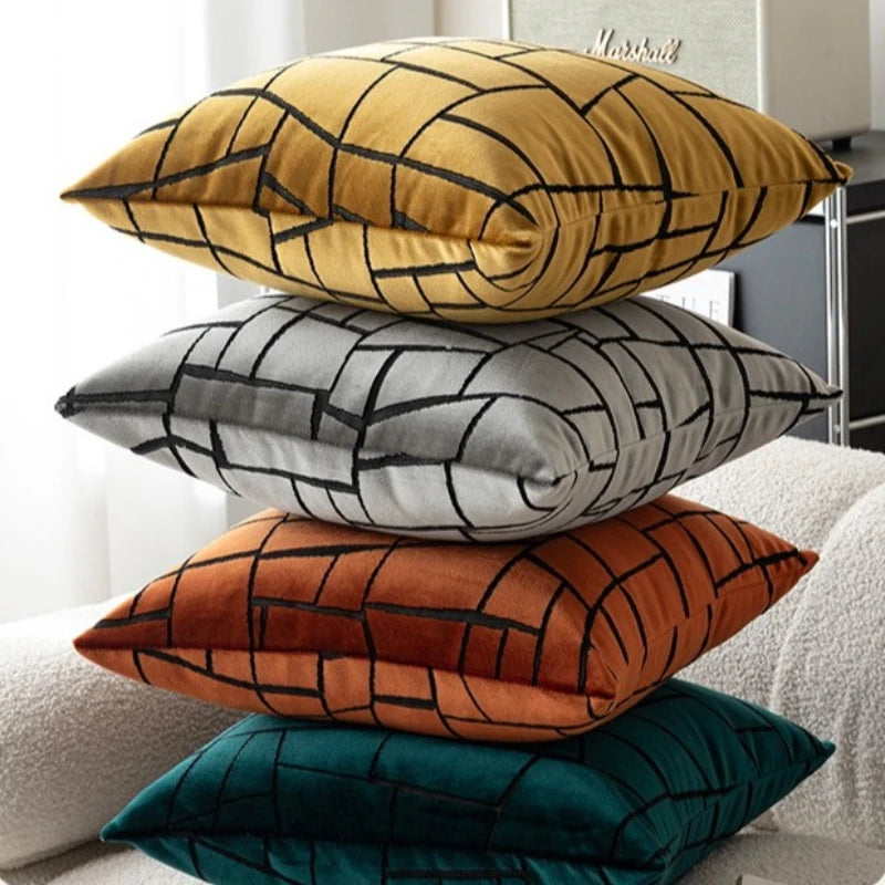 coussins décoratifs géométriques modernes polyester opaques vert foncé gris orange jaune fixés