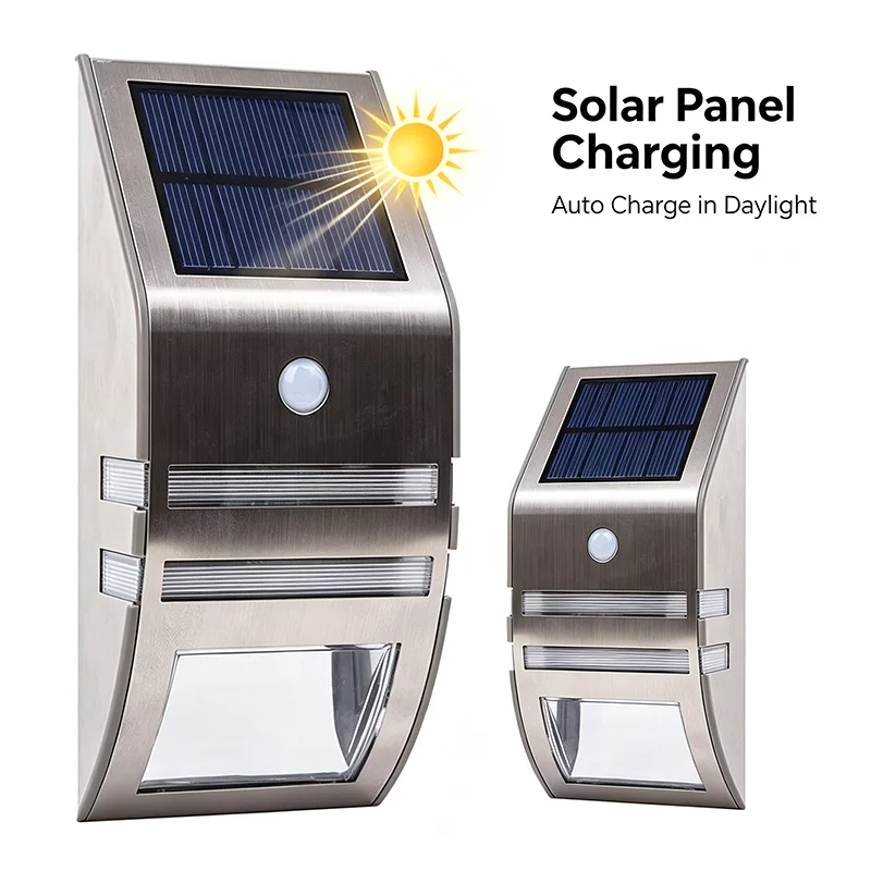 lampe solaire argentée détecteur mouvement led moderne extérieure étanche ip65 adhésif jardin contemporaine