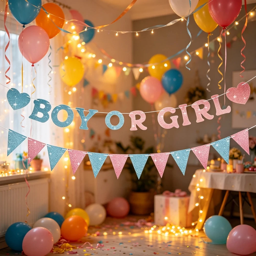 guirlande fanions pailletés bleu rose révélation sexe bannières coeurs lettres décorations féminines occasionnelle événement