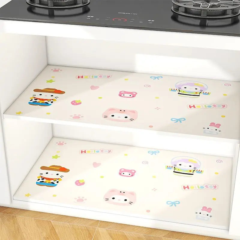 tapis protection meubles hello kitty dessins coeurs étoiles gâteaux adhésif beige clair 300x45cm résistant