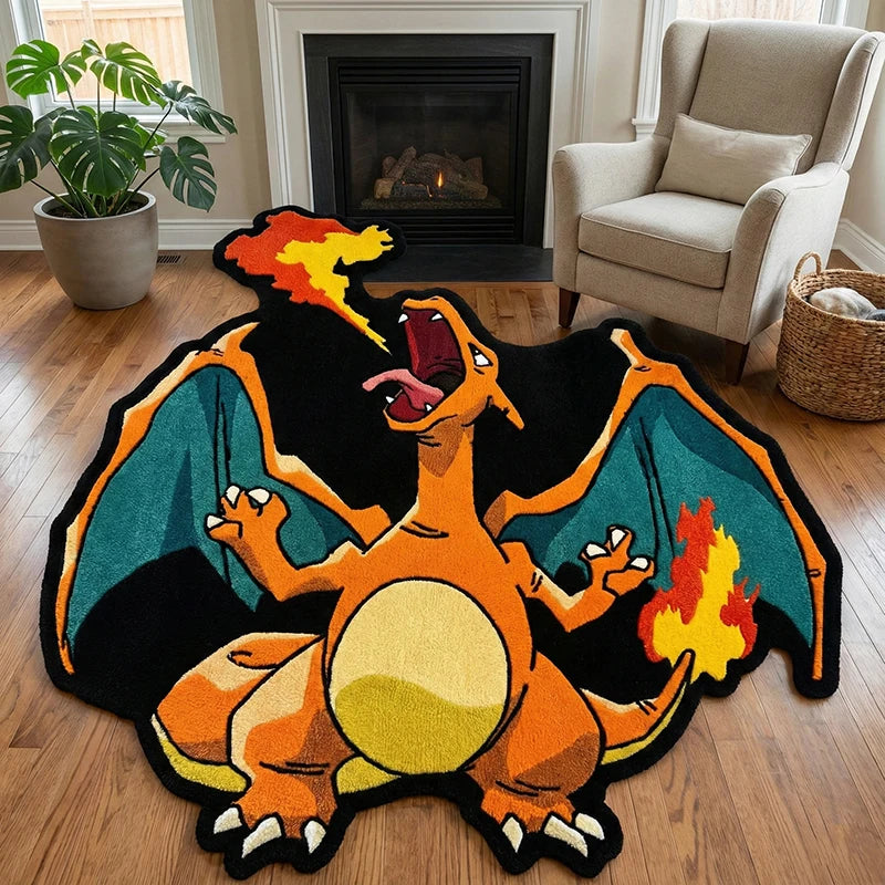 tapis pokémon charizard orange jaune noir bleu vert dessin animé velours salon jeu 80cm