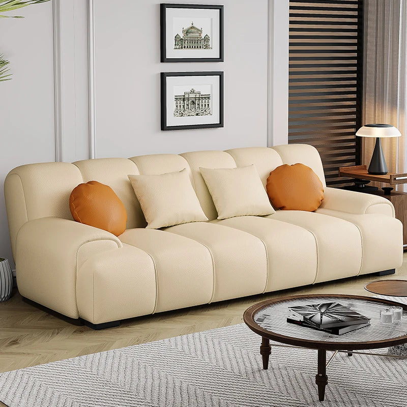 canapé moderne tissu composite couleur beige clair oreillers orange blanc livré kit assemblez vous