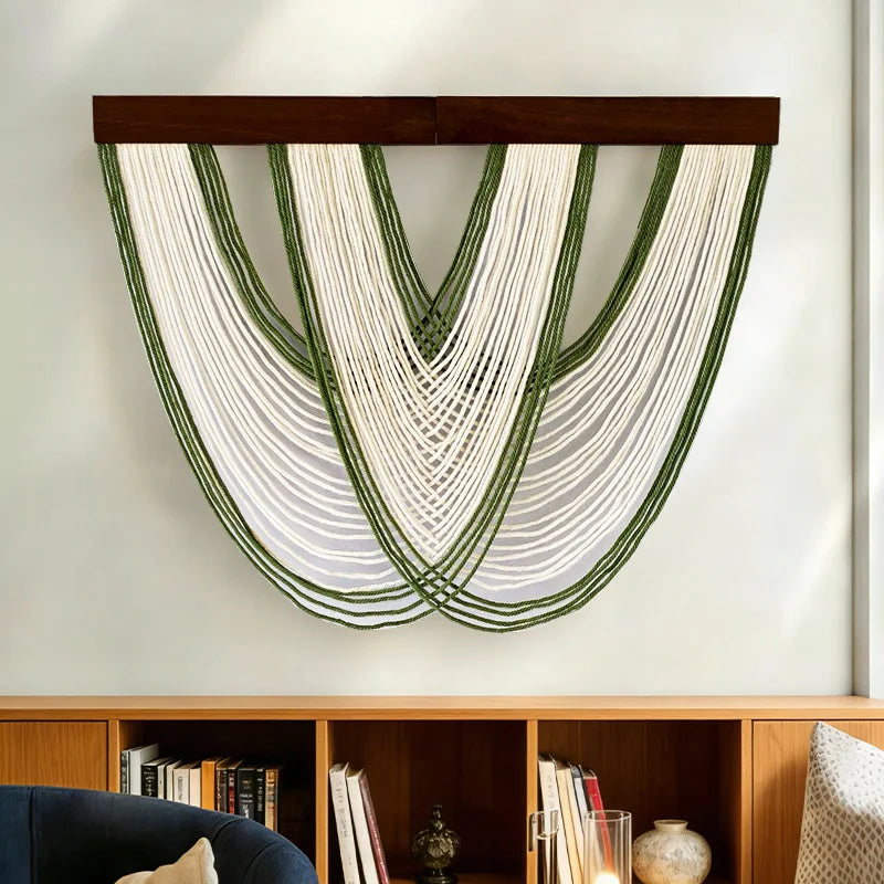 rideau macramé boho moderne franges vert blanc marron bleu gris salon
