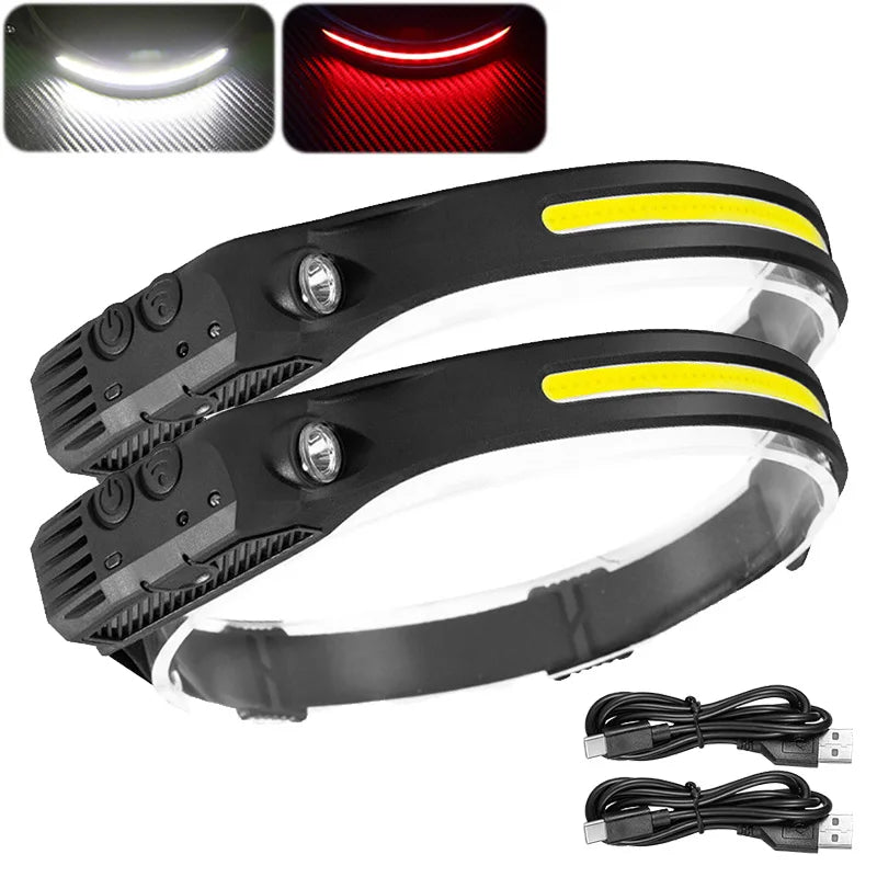 lampe frontale led rechargeable noir jaune fluo modes étanche détecteur mouvement camping pêche randonnée